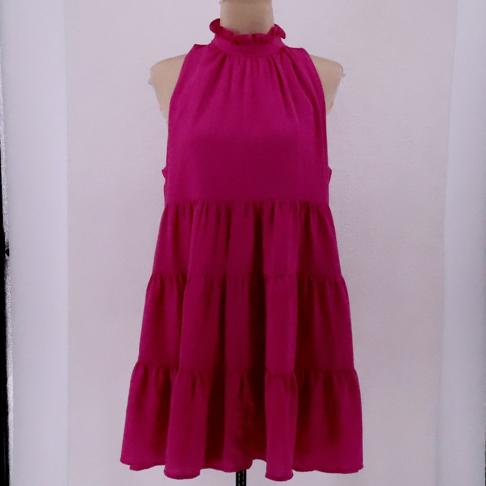 TCEC Tiered Ruffle Mini Dress Womens Size M Pink Halter Sleeveless Coquette